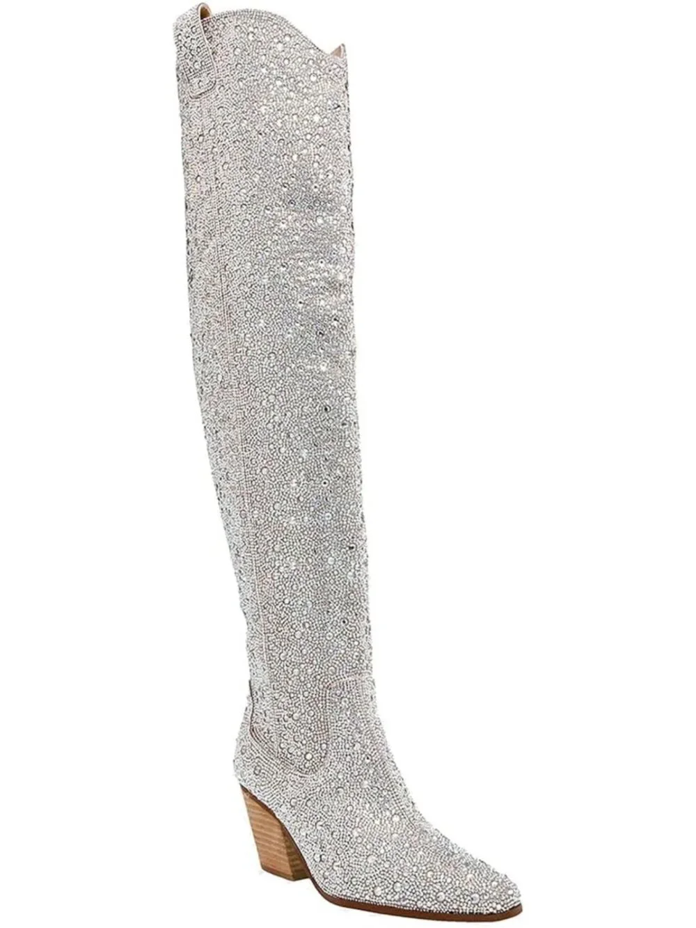 Stylish Black Thigh High Cowboy Boots for Women - Rhinestone Pointed Toe, Chunky